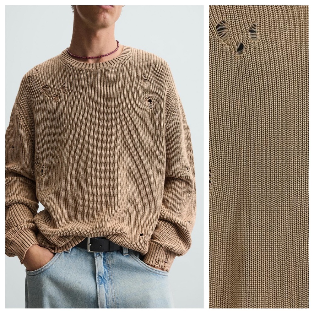 NWOT. Zara Man Camel Ripped Acid Wash Knit Sweater. Size M. - Picture 2 of 10